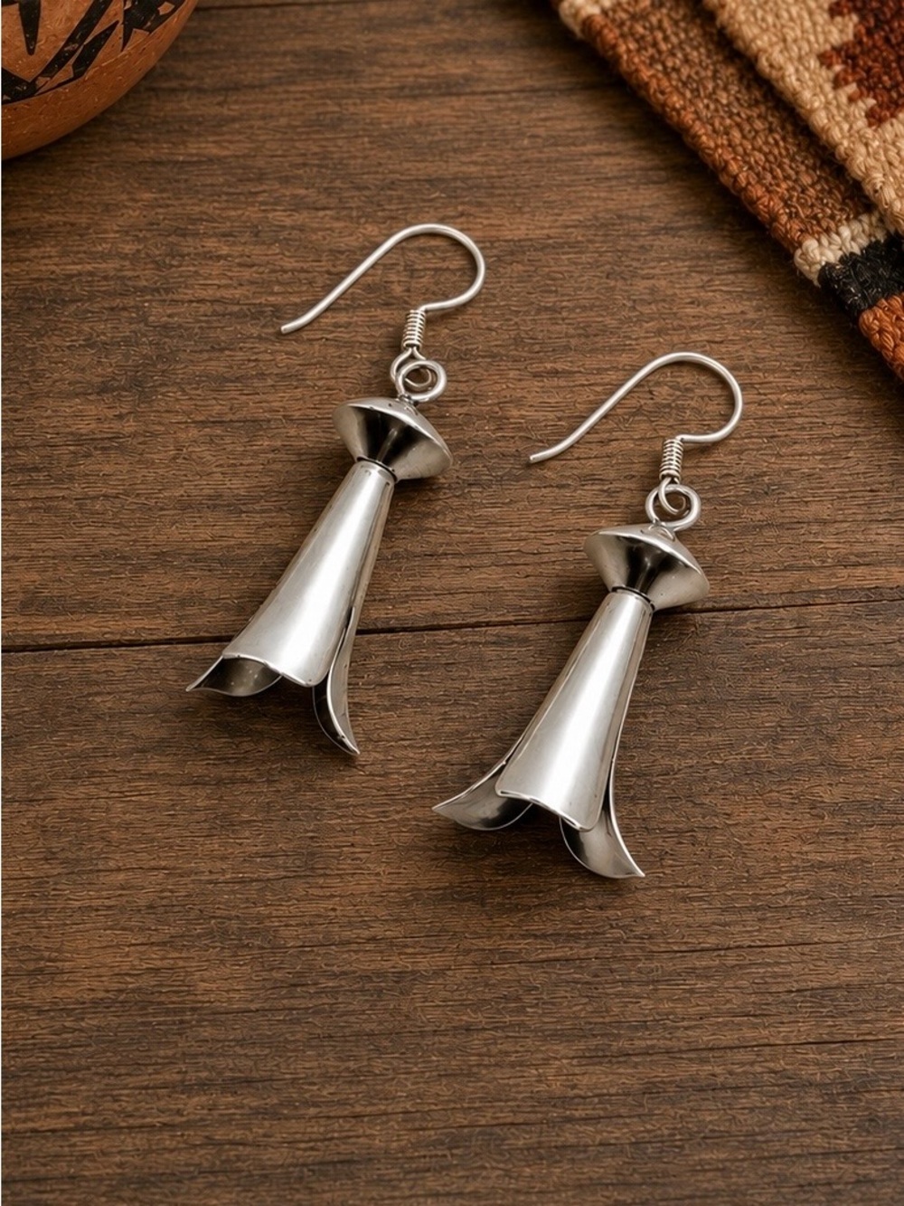Navajo Native American Sterling Silver Squash Blossom Dangle Earrings